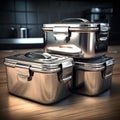 A group of stainless steel cooking pots in the kitchen Royalty Free Stock Photo