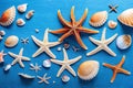 a group of starfish and other sea shells on a blue surface with a blue background with a blue border Royalty Free Stock Photo