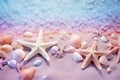 Group of starfish and seashells on beach Royalty Free Stock Photo