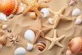 Group of Starfish and Seashells on a Sandy Beach, Sandy beach with a collection of seashells and starfish as a natural textured Royalty Free Stock Photo