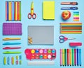 Group stationery set forth in composition. Bright composition of school stationery.