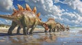 A group of Stegosaurs recognizable by their plated backs searching for tasty sea gr poking through the sand