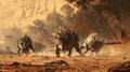 A group of stegosaurs using their sharp back plates to kick up dust as they stomp around in a dry riverbed