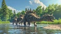 A group of stegosaurs wade through a shallow river their spiked tails swishing behind them Royalty Free Stock Photo