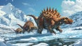 A group of stegosaurus struggling to navigate through a frozen river using their spiked tails to break through the thick Royalty Free Stock Photo