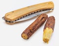 Group of stick licorice bars natural root licorice. Paloduz or Licorice Plant Glycyrrhiza glabra, orozuz.