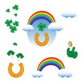 A group of sticker elements for celebrating St. Patrick`s Day, Green Clover Festival, Rainbow and Horseshoe as a sign of the Iris