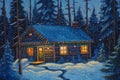 Winter House, cabin, in the snowy winter Forest, background image, winter landscape