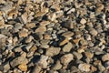 Group of stones on the shore of a reservoir, limestone, granite, slate. Consequence of the drought