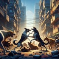 A group of stray dogs fighting in the middle of the city