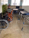 Group of stretchers and wheelchairs set up in a hospital for emergency room patients Royalty Free Stock Photo