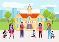 Group of student primary pupil child character with parents, back to school banner, educational institution flat vector