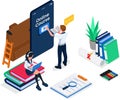 Group of students accessing learning videos on smartphone, isometric online learning illustration concept. People watch learning