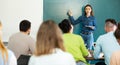 Group of students attentively listening to lecture of female teacher Royalty Free Stock Photo