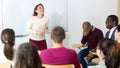 Group of students attentively listening to lecture of female teacher Royalty Free Stock Photo