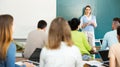 Group of students attentively listening to lecture of female teacher Royalty Free Stock Photo