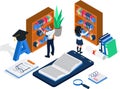 Group of students choosing books online at book shelves, isometric elearning activity. group of people with bookshelf, smartphone Royalty Free Stock Photo