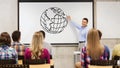 Group of students and happy teacher at white board Royalty Free Stock Photo