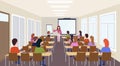 Group of students listening female teacher training presentation modern meeting conference room interior lecture seminar