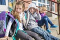 Students outside school standing together Royalty Free Stock Photo
