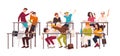 Group of students or pupils sitting at desks in classroom and demonstrating bad behavior - fighting, eating, sleeping