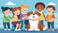 A group of students with special needs light up as a friendly Saint Bernard visits their classroom for a therapy dog Royalty Free Stock Photo