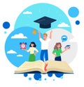 Group of students studying in the university to graduate it and get bachelor degree. Books, graduation hat and a clock Royalty Free Stock Photo