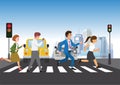 Group of students and teachers crossing the road on a zebra crossing with traffic lights, flat vector illustration