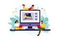 Group of students watching online webinar. Online education concept. Online business school concept. Vector illustration. Flat Royalty Free Stock Photo