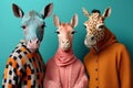 Group studio portrait of body-positive animals in the fashionable clothes , created with Generative AI technology