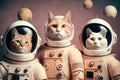 Group studio portrait of cats dressed as astronauts created with Generative AI technology