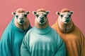 Group studio portrait of fat camels in clothes, concept of Anthropomorphism, created with Generative AI technology