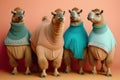 Group studio portrait of fat camels in clothes, concept of Anthropomorphism, created with Generative AI technology