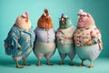 Group studio portrait of fat chicken, created with Generative AI technology