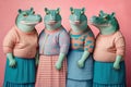 Group studio portrait of fat crocodiles in clothes, created with Generative AI technology