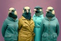 Group studio portrait of fat crows in clothes created with Generative AI technology