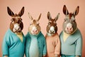 Group studio portrait of fat donkeys in clothes, concept of Animal fashion, created with Generative AI technology