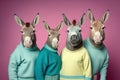 Group studio portrait of fat donkeys in clothes, concept of Animal fashion, created with Generative AI technology