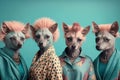 Group studio portrait of fat hyenas in clothes, created with Generative AI technology