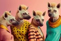 Group studio portrait of fat hyenas in clothes, created with Generative AI technology