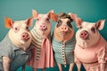 Group studio portrait of fat pigs in clothes , concept of Animal Anthropomorphism, created with Generative AI technology Royalty Free Stock Photo