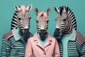 Group studio portrait of fat zebras in clothes of fashion style, created with Generative AI technology