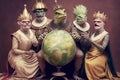 Group studio portrait of reptilians dressed like monarch, created with Generative AI technology