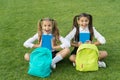 Group study outdoors girls classmates with backpacks, happy students concept