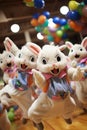 A group of stuffed animals dancing in a room with balloons, AI