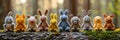 A group of stuffed animals are lined up on a log, AI Royalty Free Stock Photo