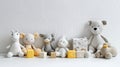 A group of stuffed animals are lined up on a table, including a teddy bear Royalty Free Stock Photo