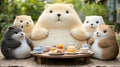 A group of stuffed animals sitting around a table with tea cups, AI Royalty Free Stock Photo