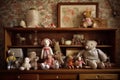 A group of stuffed animals sitting on top of a dresser. AI generative image Royalty Free Stock Photo