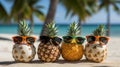 A group of stylish and modern pineapples in sunglasses on the beach by the sea